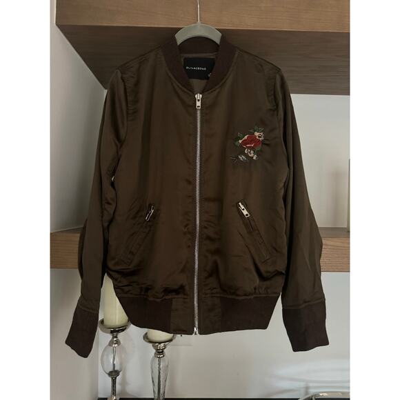 Olivaceous Embroidered, Satin Floral Bomber Jacket in Brown - Picture 1 of 6